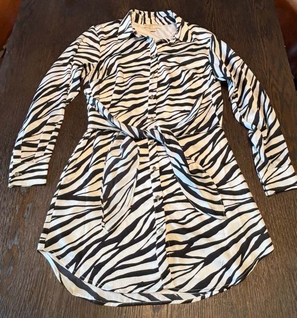 Michael  Kors Zebra Print Tie-Front Shirt Dress Size M